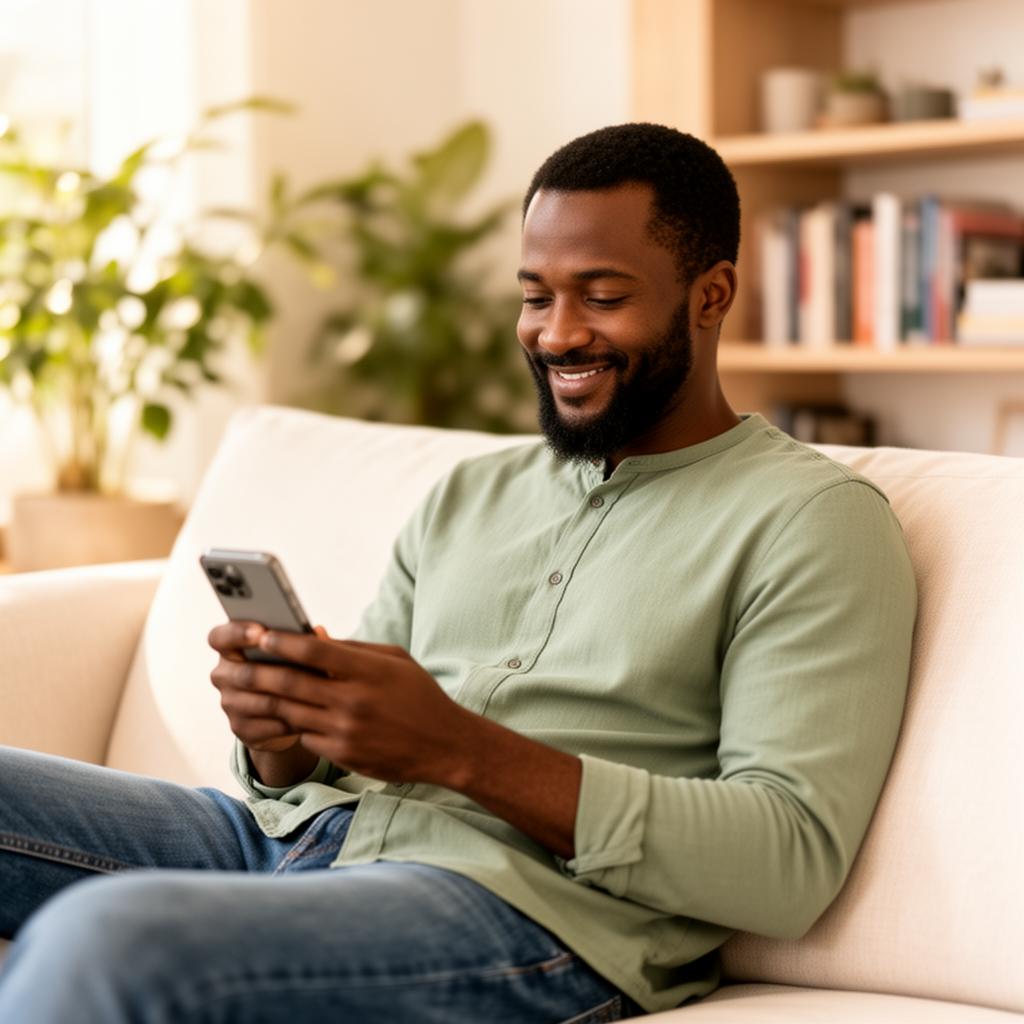 Person at home reviewing finances on a mobile phone.